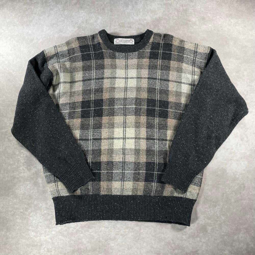 90’s Vintage John Ashford Plaid Cream Brown Lambswool Cozy Sweater
